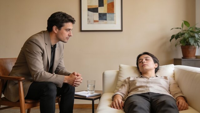 Psychotherapist and patient in office. Hypnotherapy session