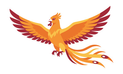 Fototapeta premium Stylized phoenix bird with sweeping wings and flowing tail in a bold flat graphic style isolated on white background fantasy mythical creature concept