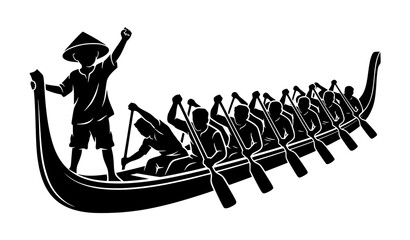 Pacu Jalur Dragon Boat Race Silhouette Vector Farmer Child Leading Traditional Indonesian Rowing Team Logo Isolated on White Background © Goutom