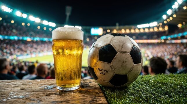 Soccer game day refreshment pint of beer and football on wooden surface