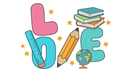 Fototapeta premium love education school supplies graphic a learning concept illustrated with a ruler pencil books and globe on a white background.