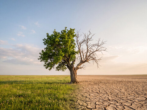Single lone tree split into a green living half and a bare dead drought-stricken half over ground turning from grass to cracked earth symbolizing climate change, cinematic conceptual environmental