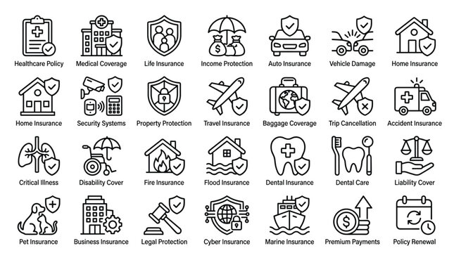 Comprehensive collection of insurance and protection icons featuring healthcare home auto travel and business coverage symbols in clean black line art vector style.
