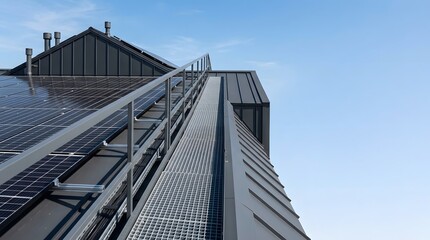 Fototapeta premium rooftop maintenance walkway installed beside residential solar panel array for safe building access and photovoltaic system servicing
