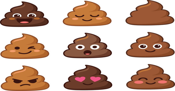 Cute cartoon poop emoji character collection featuring funny facial expressions sleeping winking angry and happy heart eyes, vector