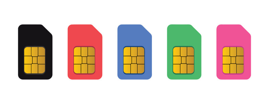 Colored SIM Cards Array: A collection of vibrant, multicolored SIM cards, each featuring a gold chip and neatly arranged in a row, symbolizing connectivity and modern communication.