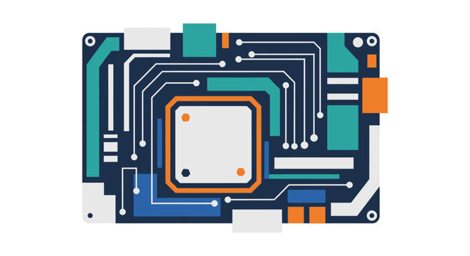 Abstract flat vector illustration of a computer motherboard with central processing unit and electronic circuit pathways.