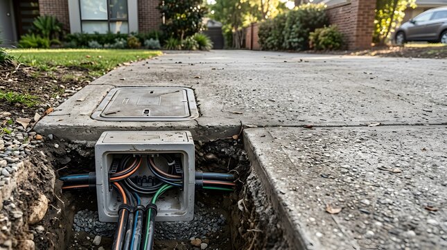 underground residential cable pull box with cutaway electrical conduit routing beneath concrete driveway for utility infrastructure installation and maintenance access