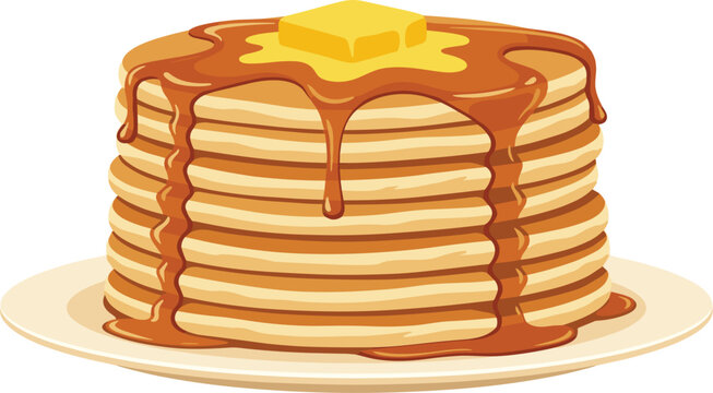 Fluffy breakfast pancake stack vector illustration featuring melting butter cube and dripping sweet maple syrup on a plate, vector