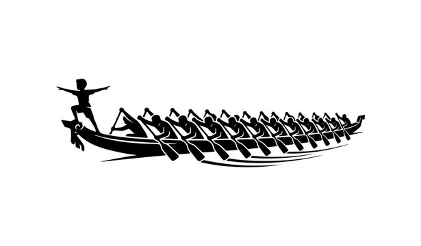 Traditional Pacu Jalur Boat Race Silhouette Vector Indonesian Heritage Sports Logo with Farmer Child Leader on White Background