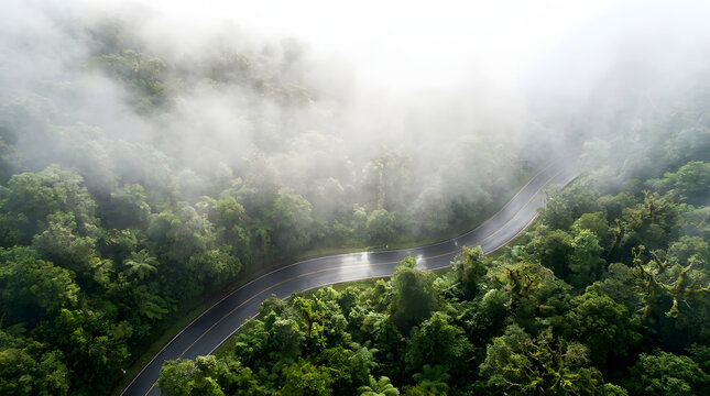 Serene scene in great smoky mountains national park, misty winding road through lush forest  ideal for travel, nature, and outdoorthemed designs.