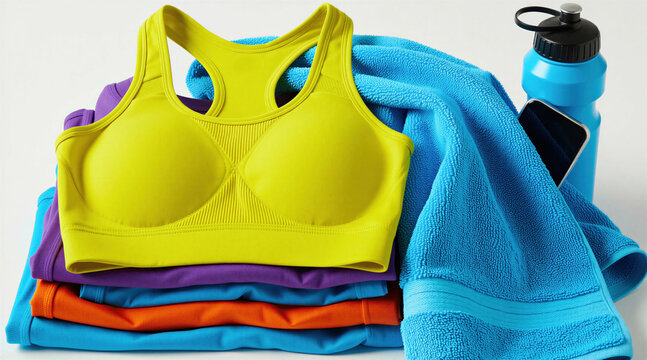Stack of colorful sports bras and folded t shirts with blue towel. Gym water bottle and smartphone rest near workout apparel. Ready for fitness activity.