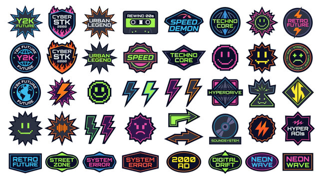 Y2K cyber aesthetic neon sticker set with retro futuristic techno patches and badges
