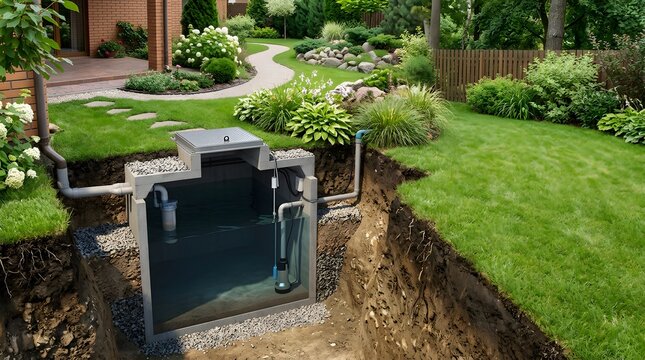 underground residential rainwater storage cistern with cutaway water collection system for sustainable landscape irrigation home water conservation and stormwater management