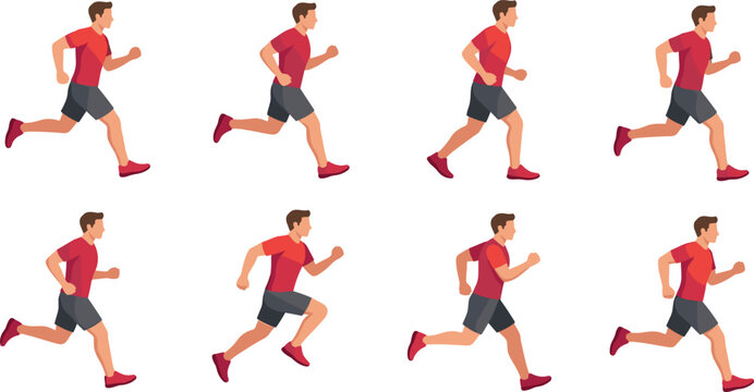 Male runner animation sprite sheet sequence vector illustration featuring an athlete man in red t-shirt running frames loop, vector