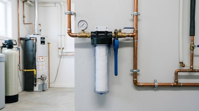 whole house sediment water filter housing installed on residential plumbing system for clean drinking water protection appliance maintenance and home water treatment