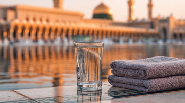 Glass of Zamzam Water Placed Near Stacked Towels with Islamic Architecture Reflection