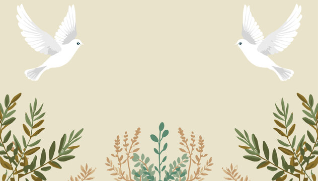 Two white doves flying gracefully over a serene beige background with decorative green and brown botanical elements at the bottom.