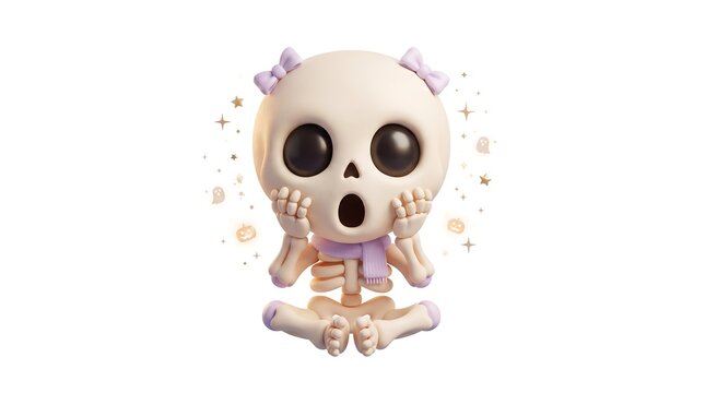 Cute cartoon kawaii skeleton character with big eyes and scarf isolated on transparent background