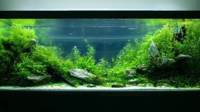 A vibrant aquarium showcasing a variety of aquatic plants, rocks, and gravel under clear water.
