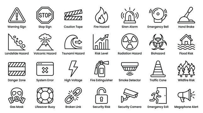 Emergency and safety hazard icons set including warning signs stop sign caution tape fire danger siren alarm emergency bell landslide volcanic tsunami risks.