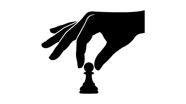 International chess day, Black hand holding chess pawn, strategy game piece, vector silhouette, business concept icon isolated on White Background Chess, Chess piece, Board game, Isolated