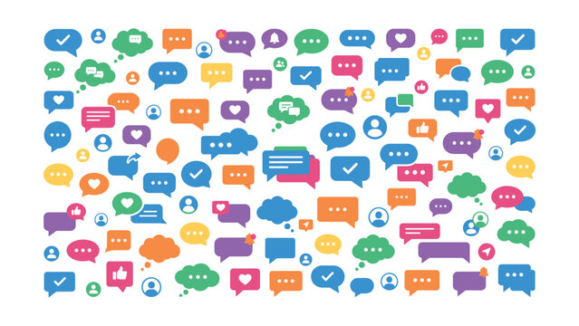 Colorful chat and social media icons on white background for communication design