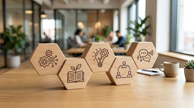 Business meeting with wooden hexagonal icons on office table