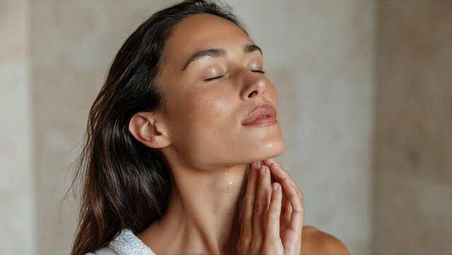 Woman performing morning skincare ritual in a bathroom