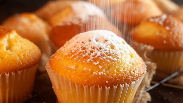 Freshly baked muffins being dusted with powdered sugar