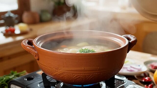 Steaming soup in a clay pot on a stove, lid being lifted to reveal contents