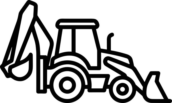 Backhoe loader line art icon, construction vehicle, industrial machinery, vector illustration