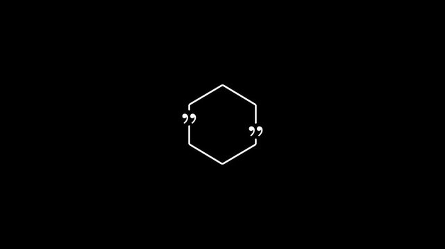 Minimalist hexagon quote bubble animation on black background, for social media, speech bubble quotation marks