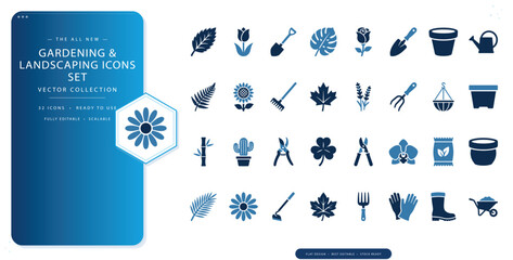 Gardening and landscaping flat solid vector icon set featuring shovel, plant, watering can and lawn mower symbols for garden service branding and outdoor design © Tanzeel