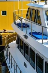 Fototapeta premium White boat docks next to bright yellow building. Vessel has blue cushions on deck. Metal railings line the ship sides. Windows reflect building and water.