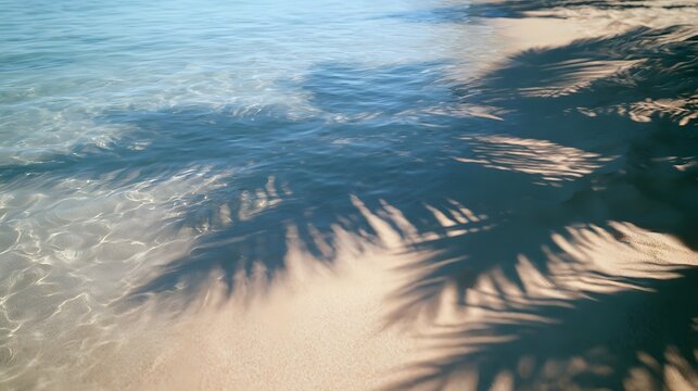 Clear blue water gently laps over golden sand where palm frond shadows are cast by bright sunlight