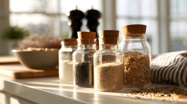 Glass jars filled with various grains and seeds sit on a kitchen countertop bathed in warm natural light from a window