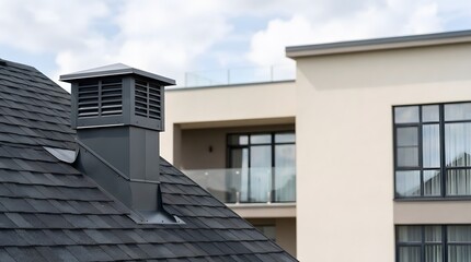 Fototapeta premium modern residential roof ventilation terminal installed on asphalt shingle rooftop with contemporary house background
