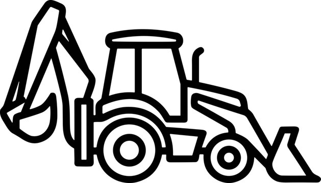Backhoe loader icon, construction vehicle line art, heavy machinery outline
