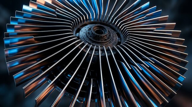 Closeup of a turbine wheel with shiny metallic blades and a dark background