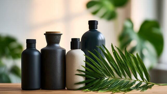 Four minimalist bottle containers arranged on wooden surface beside vibrant green palm frond against soft blurred background