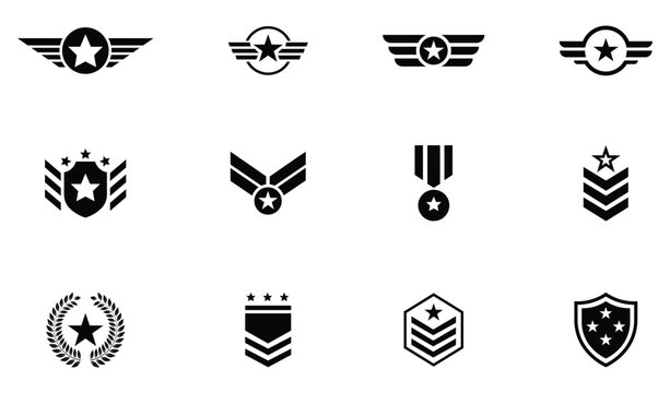 Collection of military rank badge vector icons. Military rank badge icon of black silhouettes. Military badge icon collection features various insignia styles. Vector illustration.