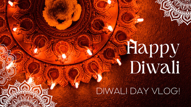 Deepavali festival of lights celebratory graphic with lit diyas, traditional text, and elegant indian mandala borders