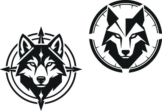 Black and white geometric wolf head logo design featuring tribal arrow compass elements and circle emblem.
