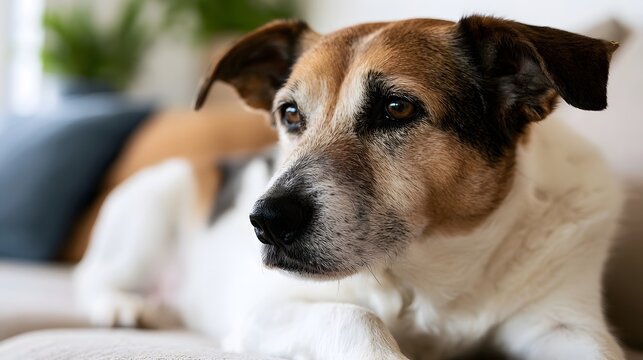 A brown and white dog rests calmly on a soft surface indoors  gazing thoughtfully with gentle eyes