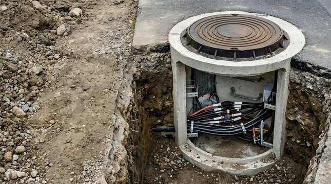 open underground utility access chamber with electrical service cables during infrastructure installation and municipal construction project