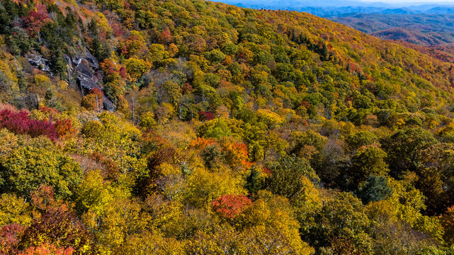 Aerial View Of The Changing Of The Leaves In The North Carolina Mountains