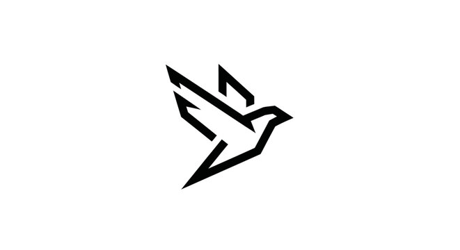 A minimalist black and white graphic icon of a flying bird in motion