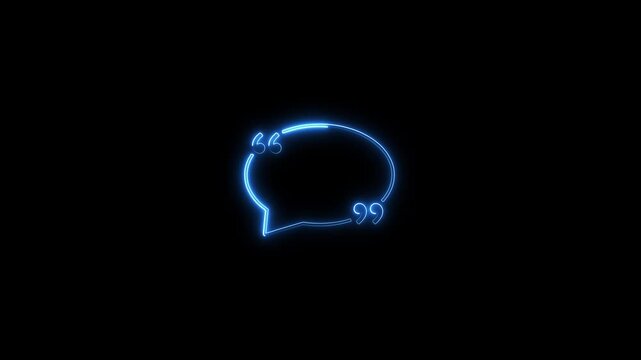 Neon blue glowing speech bubble with quotation marks animation on black background, quote