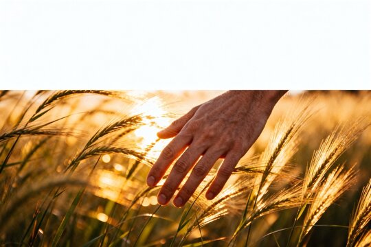 Hand touching wheat field at sunset